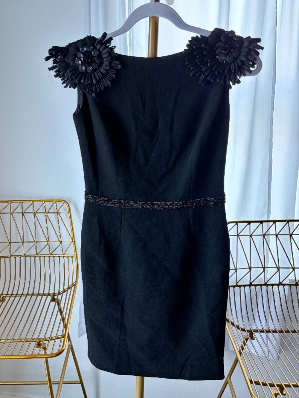 Joanna Mastroianni Couture Black Wool Sheath Dress 3D Floral Cap Sleeve 2 USA